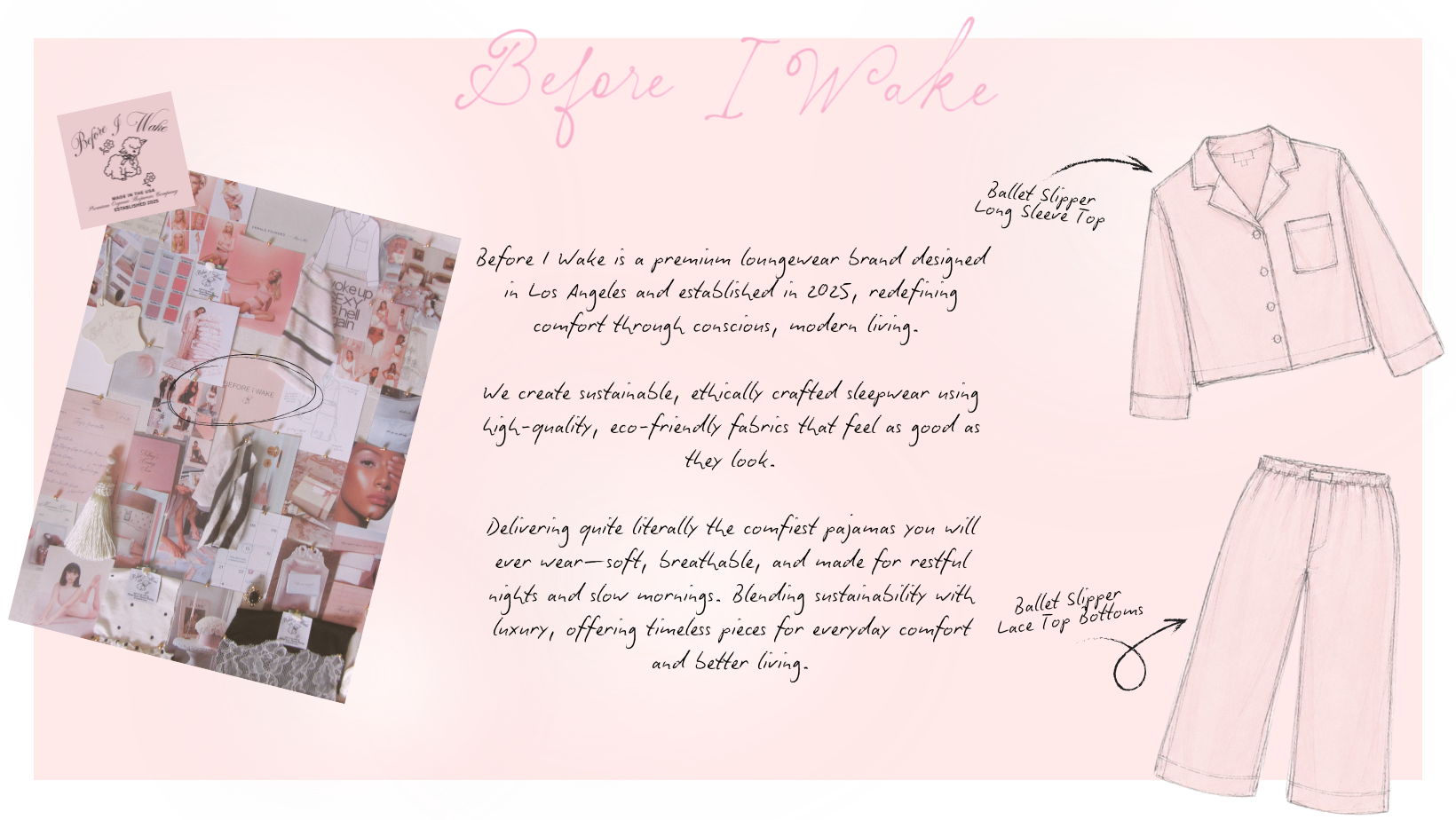 Pink background with about us text, pajama top and bottom sketch, pastel pink mood board.